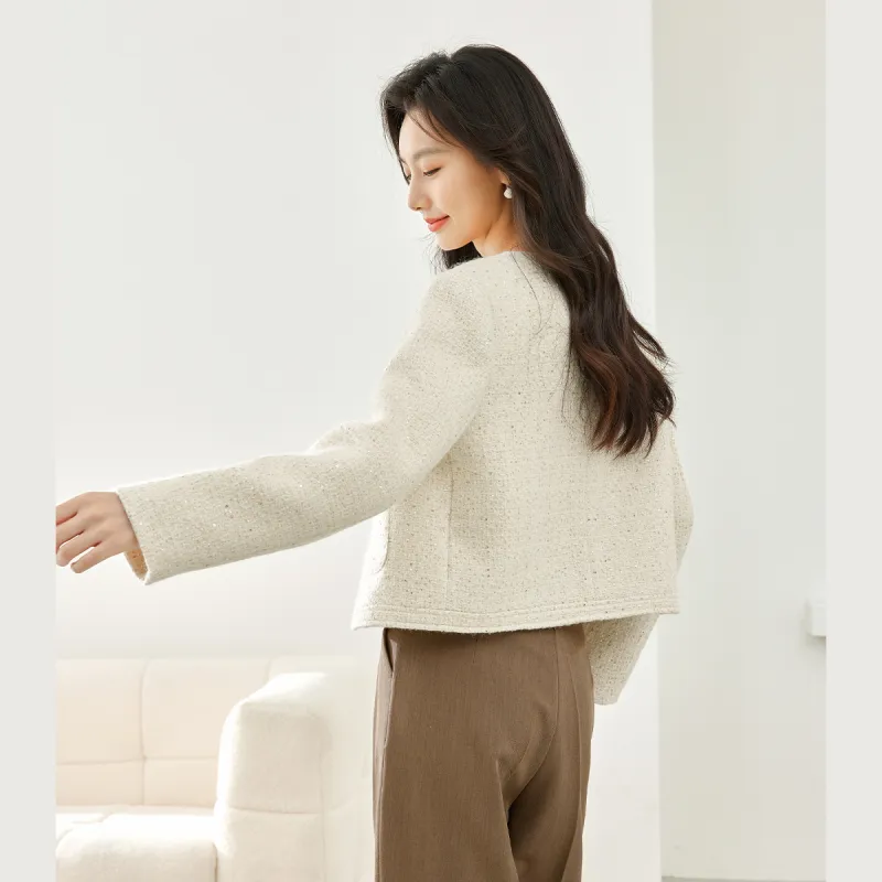 VIMLY Cropped Coats Women's Beige Apricot-5