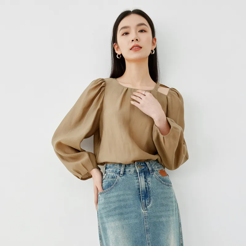 VIMLY Shirt Women's Light Coffee-3