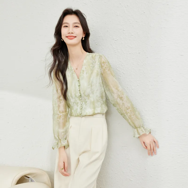 VIMLY Chiffon Shirts Women's Green Multicolor-3