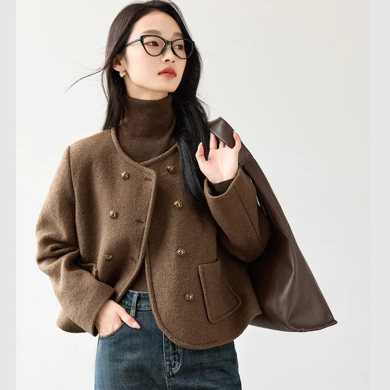 VIMLY Cropped Coats Women's Coffee Brown-2