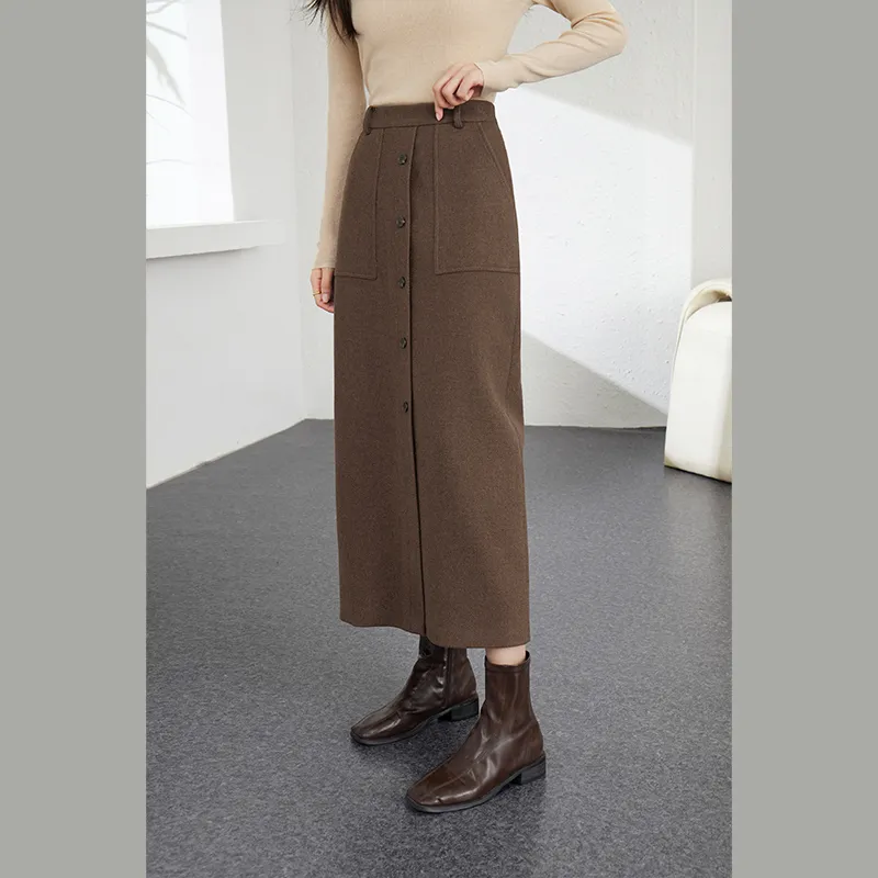 VIMLY Casual Long Skirts Women's Dark Coffee-2