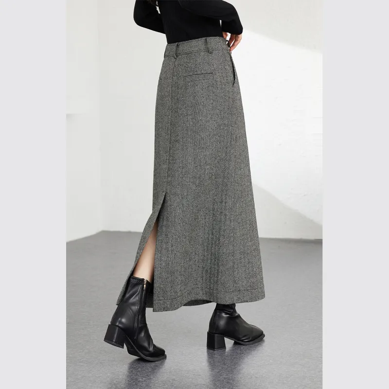 VIMLY Casual Long Skirts Women's Floral Black Herringbone-4