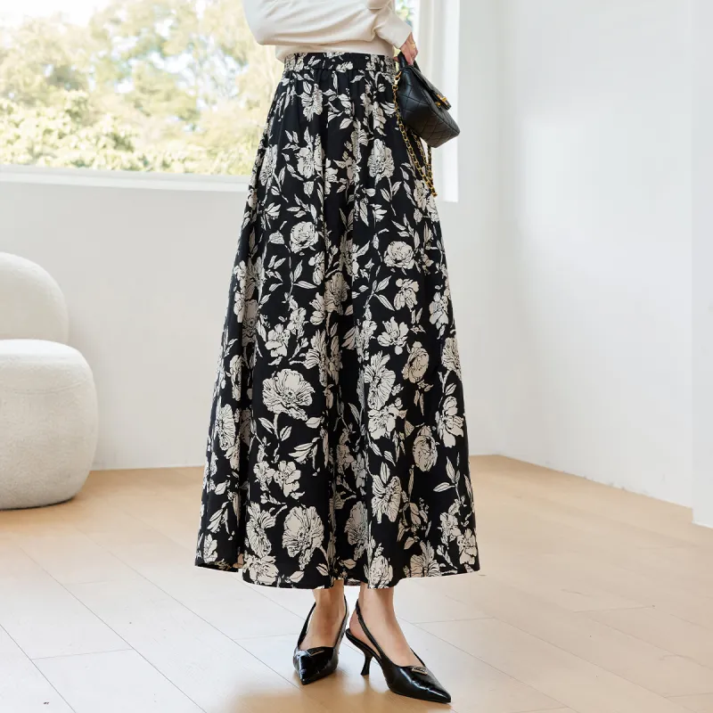 VIMLY Casual Long Skirts Women's Black White Multicolor-2