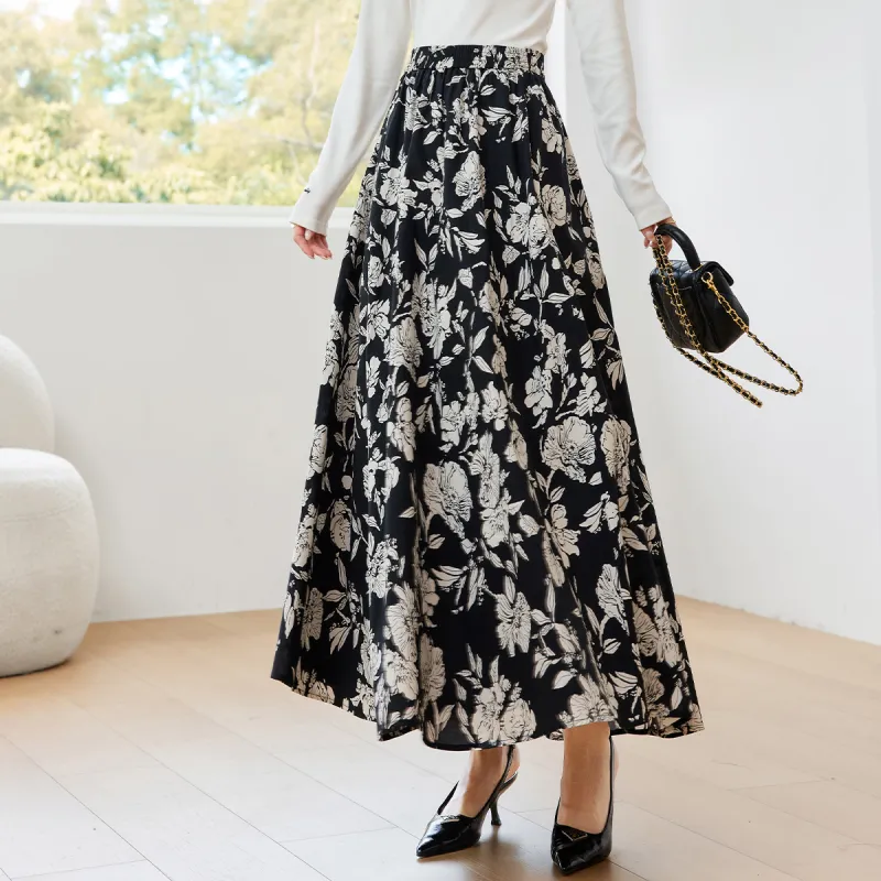 VIMLY Casual Long Skirts Women's Black White Multicolor-1