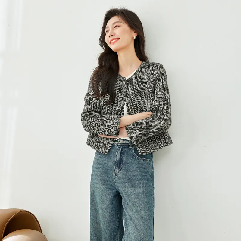 VIMLY Cropped Coats Women's Black White Herringbone-4