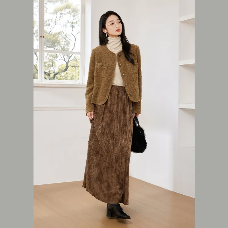 VIMLY Cropped Coats Women's Coffee Brown-1