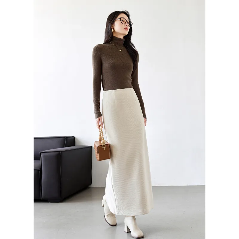 VIMLY Casual Long Skirts Women's Cream Apricot-4