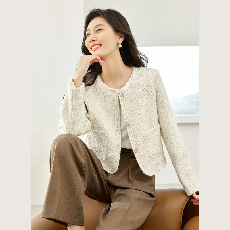 VIMLY Cropped Coats Women's Beige Apricot-3