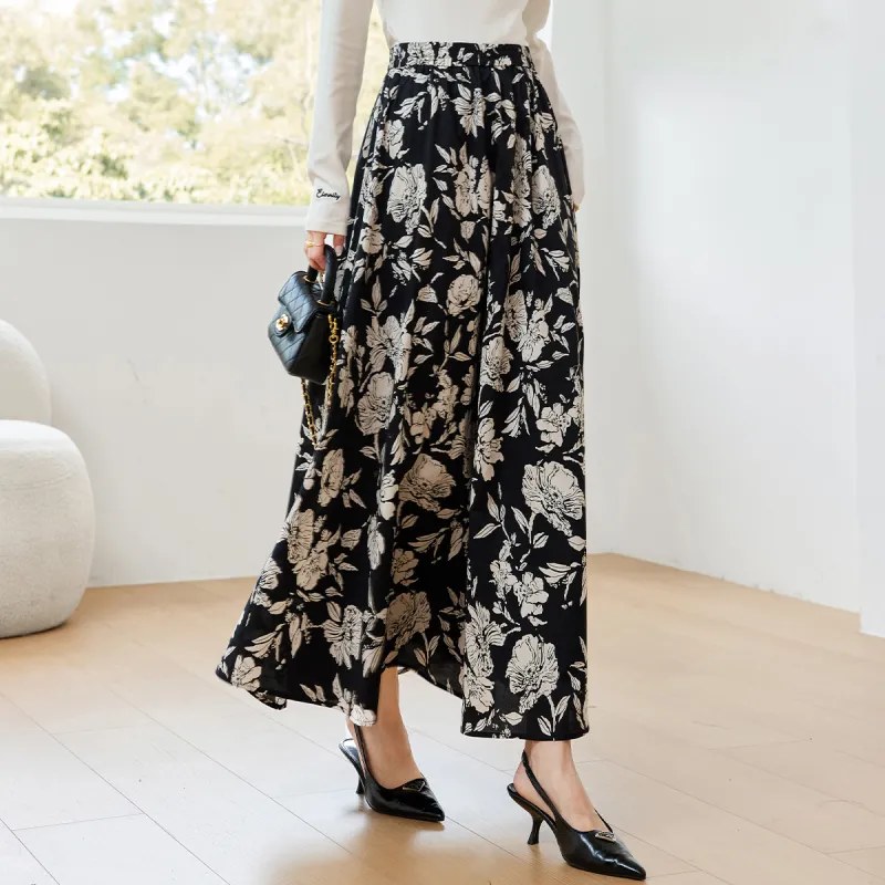 VIMLY Casual Long Skirts Women's Black White Multicolor-3