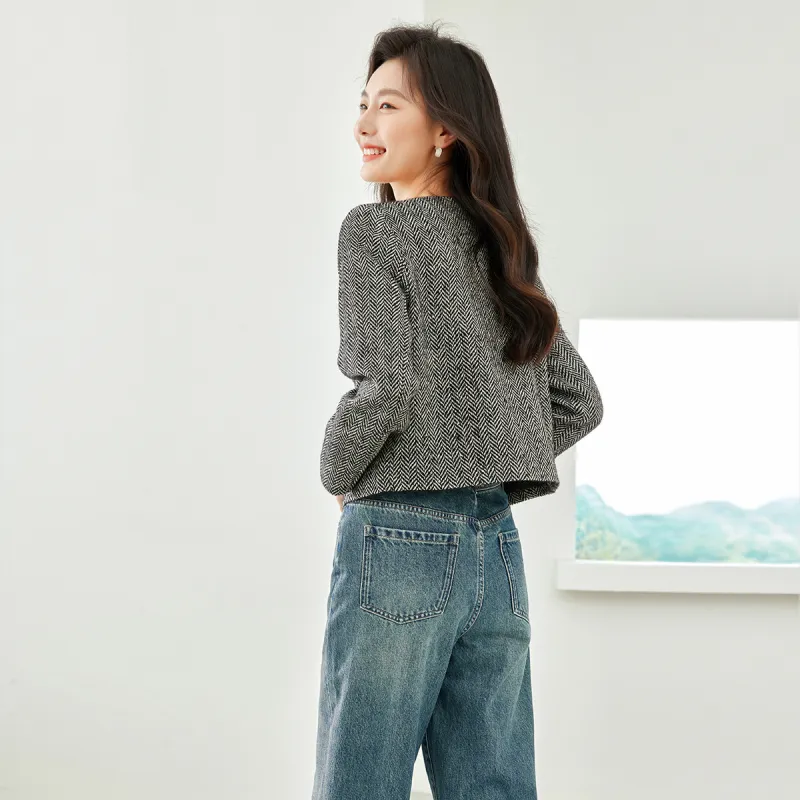 VIMLY Cropped Coats Women's Black White Herringbone-3