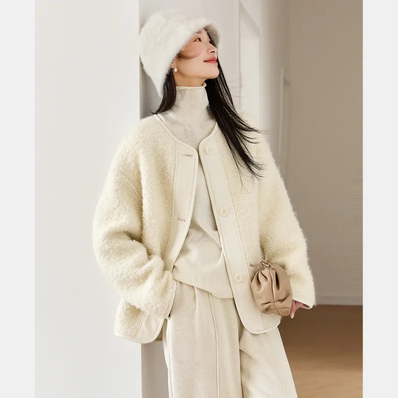 VIMLY Cropped Coats Women's Cream Apricot-4