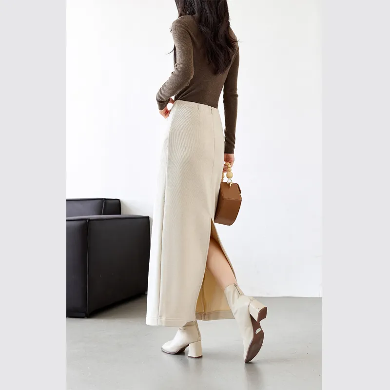 VIMLY Casual Long Skirts Women's Cream Apricot-5