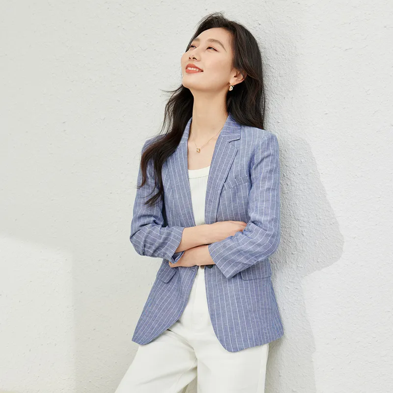 VIMLY Business Suit Women's Blue White Stripes-2