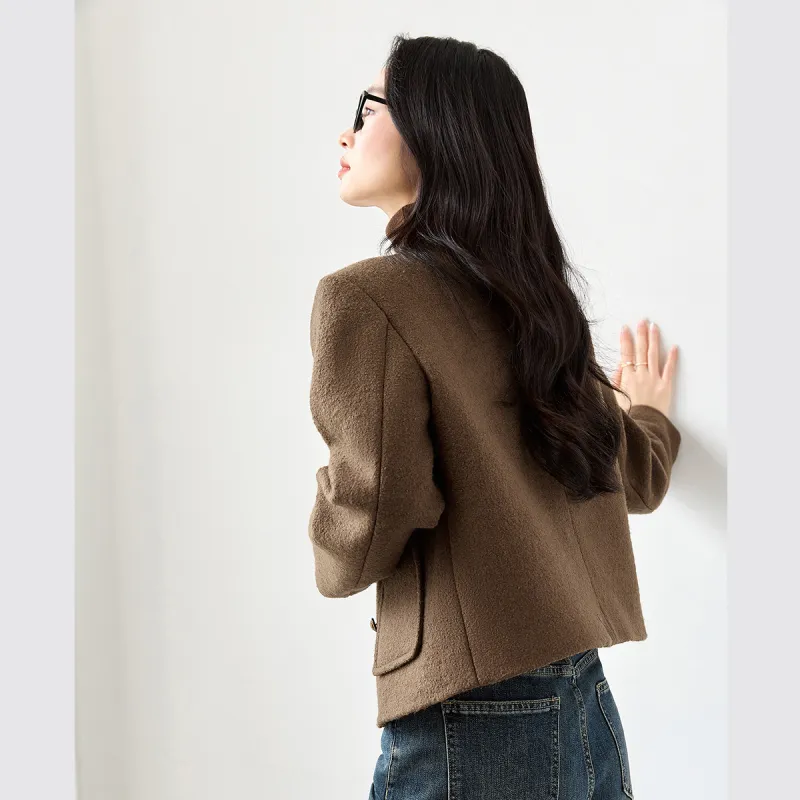 VIMLY Cropped Coats Women's Coffee Brown-4