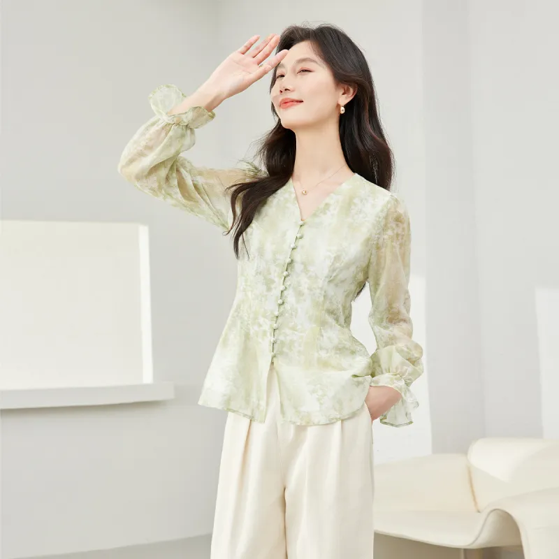 VIMLY Chiffon Shirts Women's Green Multicolor-2