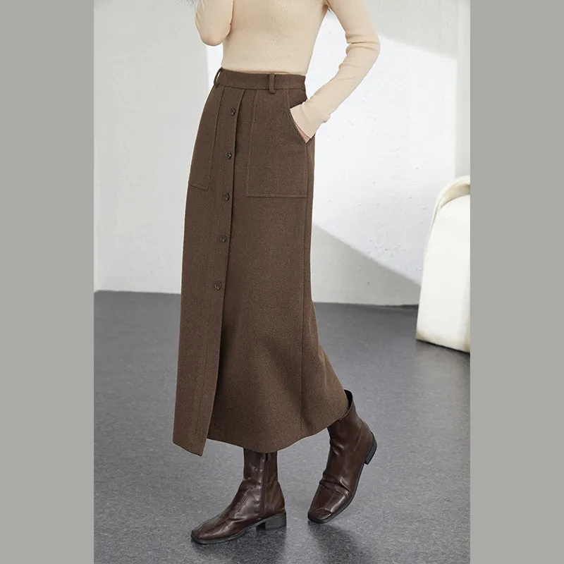 VIMLY Casual Long Skirts Women's Dark Coffee-3
