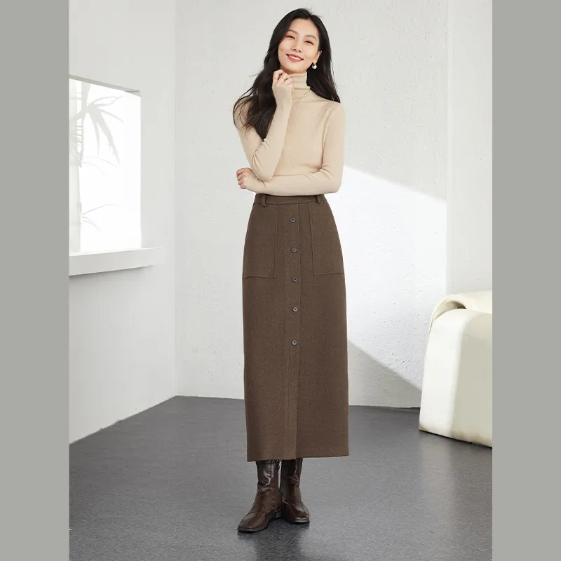 VIMLY Casual Long Skirts Women's Dark Coffee-1