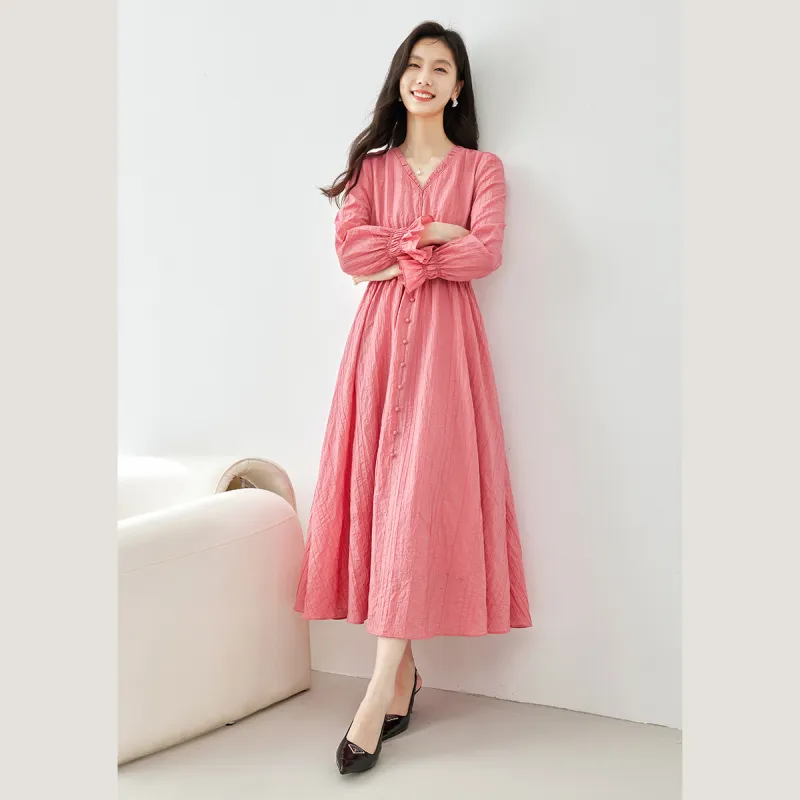 VIMLY Long Sleeved Dress Women's Peach Pink-4