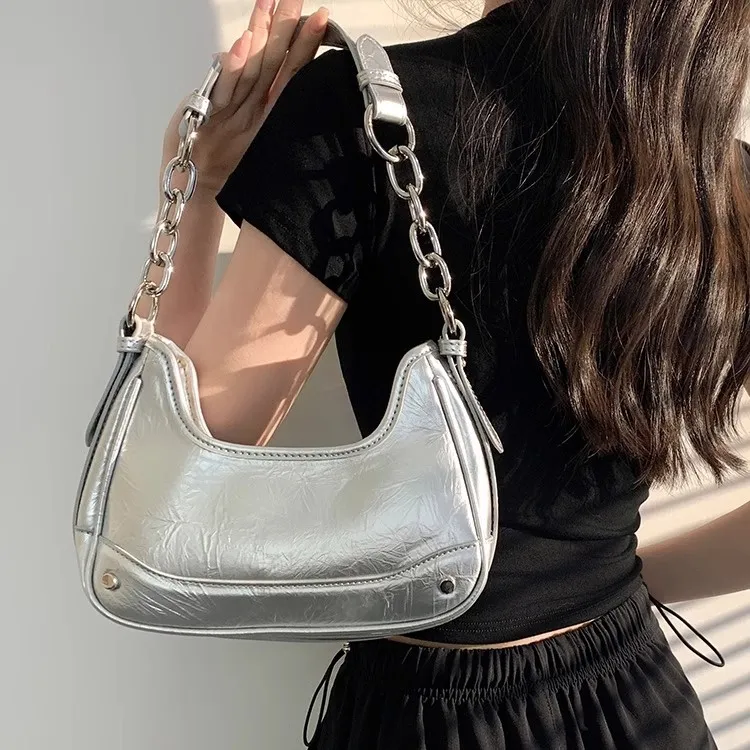 Worm's Home PU Underarm Shoulder Bag Women's Black/Silver-10