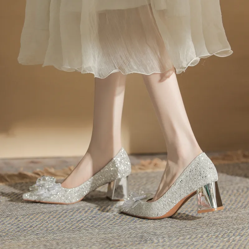 TADSW Chunky Heel High Heels 6cm Women's Silver-2