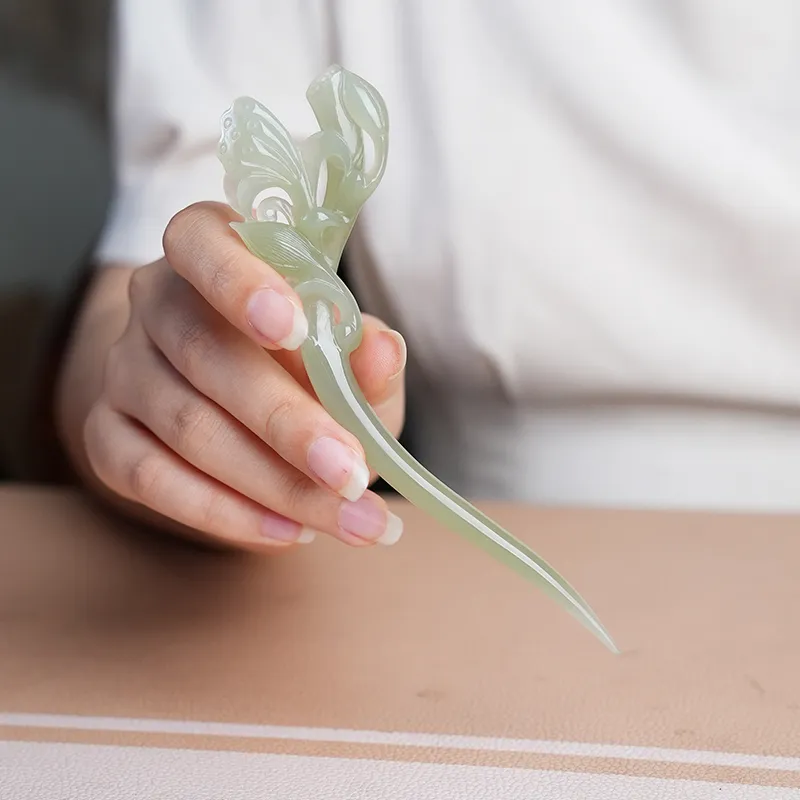 Jade Said Hetian Jade Hairpins Women's Pale Greenish White Jade-1