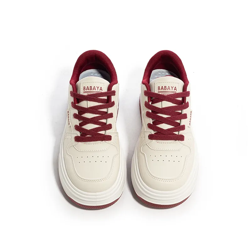 Babaya Anti Slip And Wear Resistant Lightweight Low Top Skateboard Shoes Women's Beige Burgundy-4