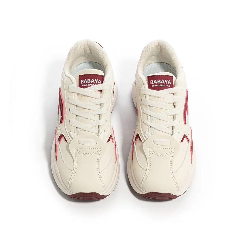 BABAYA KIDS Anti Slip Wear Resistant Low Top Chunky Sneakers Women's White Burgundy-4