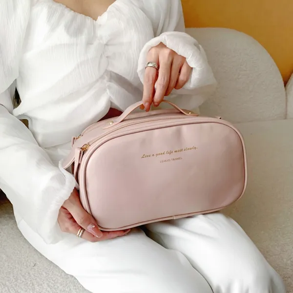 LOHAS Travel Leather Makeup Bag Unisex White/Lotus Color-2