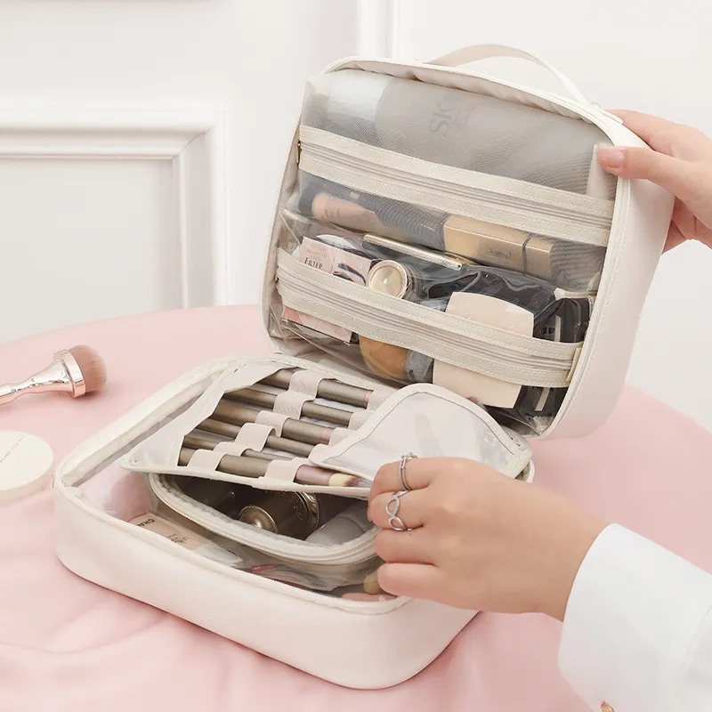 LOHAS Travel PU Material Water Resistant Wear Resistant Wet/Dry Separation Makeup Bag Regular Unisex White/Pink-5
