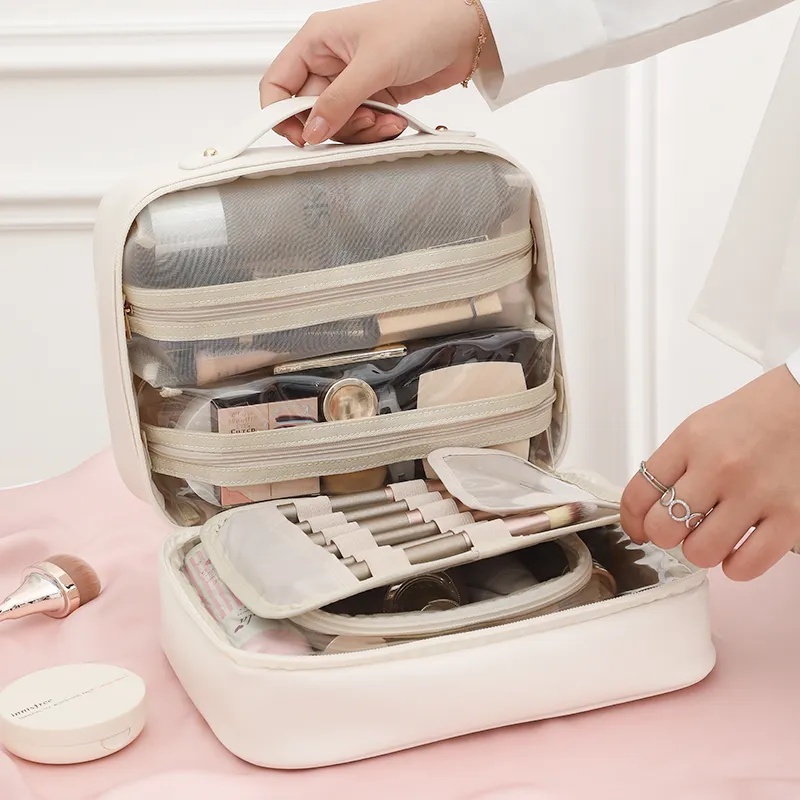 LOHAS Travel PU Material Water Resistant Wear Resistant Wet/Dry Separation Makeup Bag Regular Unisex White/Pink-6