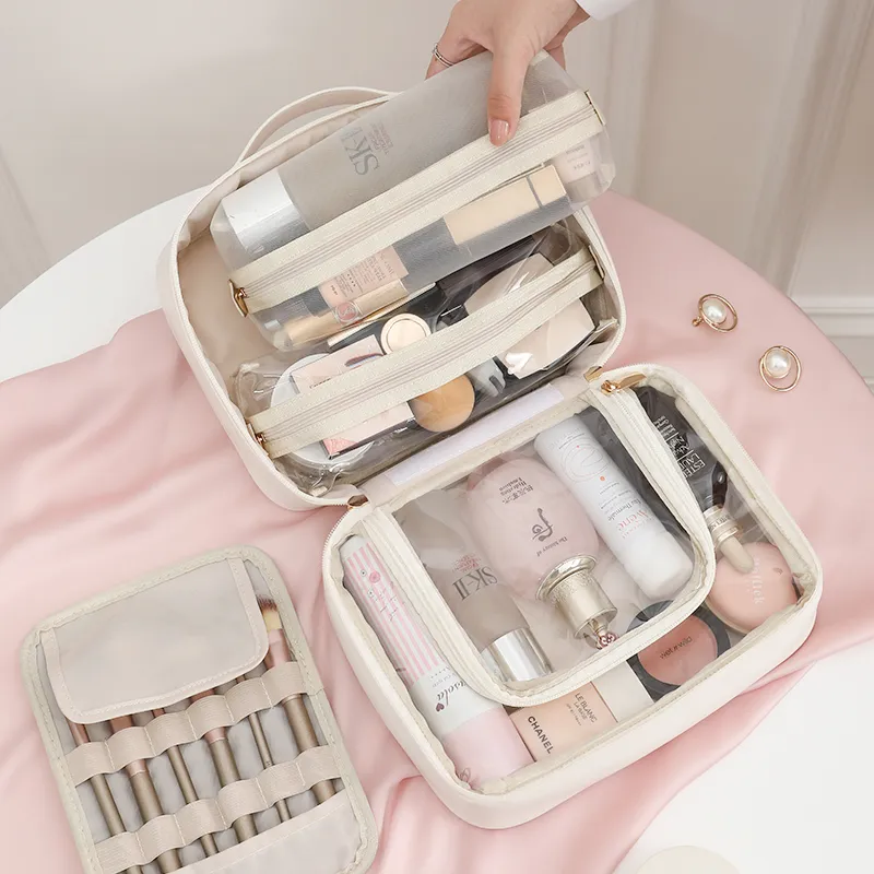 LOHAS Travel PU Material Water Resistant Wear Resistant Wet/Dry Separation Makeup Bag Regular Unisex White/Pink-4