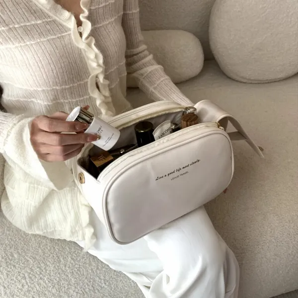 LOHAS Travel Leather Makeup Bag Unisex White/Lotus Color-1