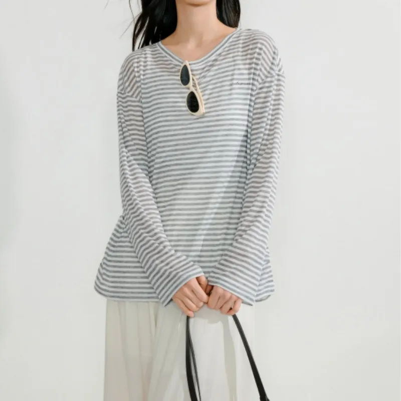 Inman T Shirt Women's Gray White Stripes-3