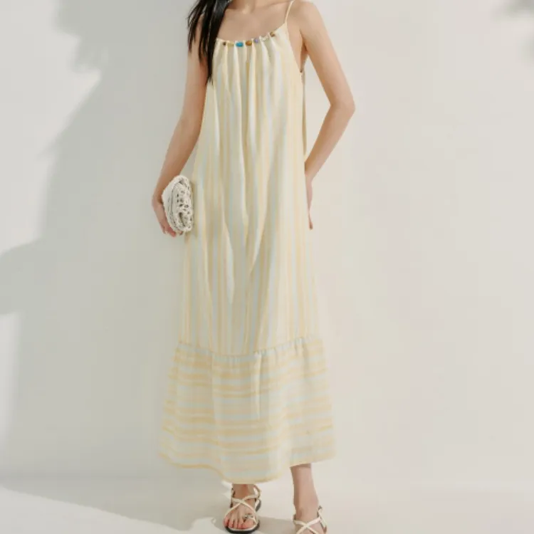 Inman Long Sleeved Dress Women's Yellow Blue Stripes-2