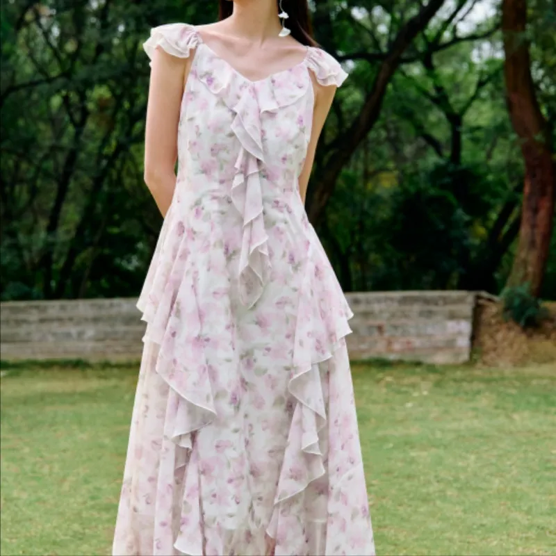 Inman Sleeveless Dresses Women's Romantic White With Purple Floral-3