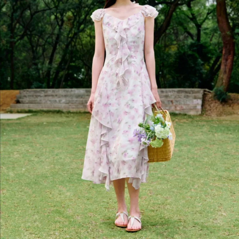 Inman Sleeveless Dresses Women's Romantic White With Purple Floral-2