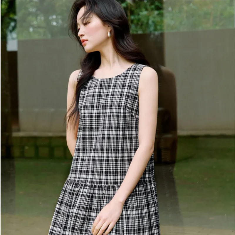 Inman Sleeveless Dress Women's Black White Plaid-2