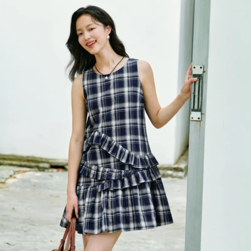 Inman Sleeveless Dresses Women's Royal Blue Plaid-3