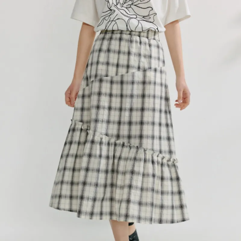 Inman Casual Long Skirt Women's Black White Plaid-3