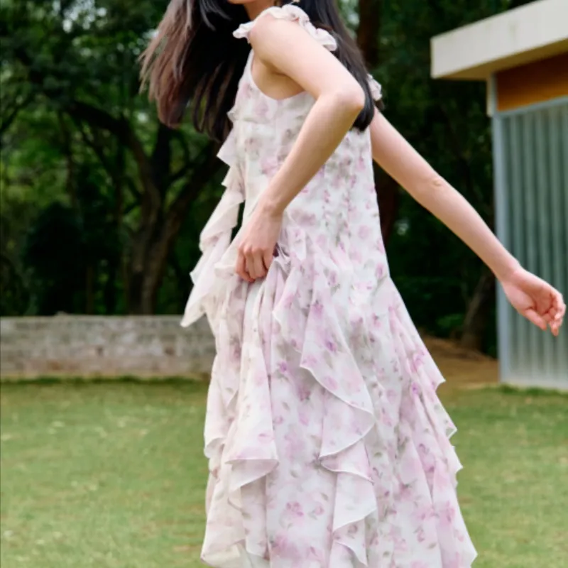 Inman Sleeveless Dresses Women's Romantic White With Purple Floral-4