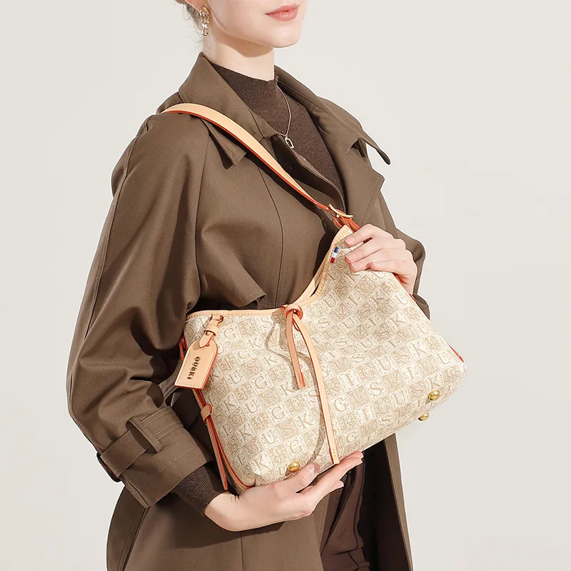 GUSKI Top Grain Cow Leather Tote Handbag, Shoulder Bag Women's Coffee/Beige/Light Green-4