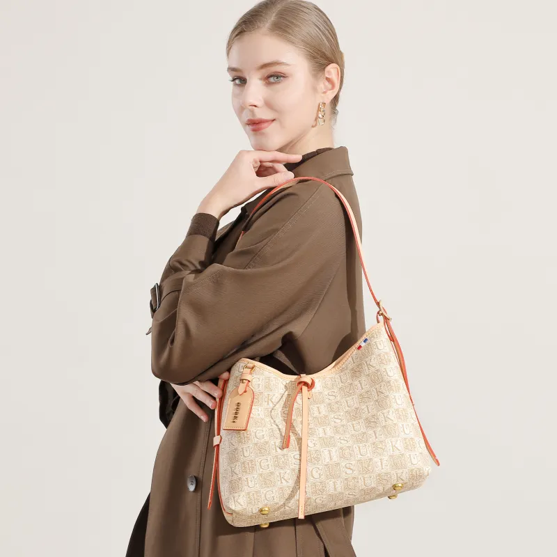 GUSKI Top Grain Cow Leather Tote Handbag, Shoulder Bag Women's Coffee/Beige/Light Green-2