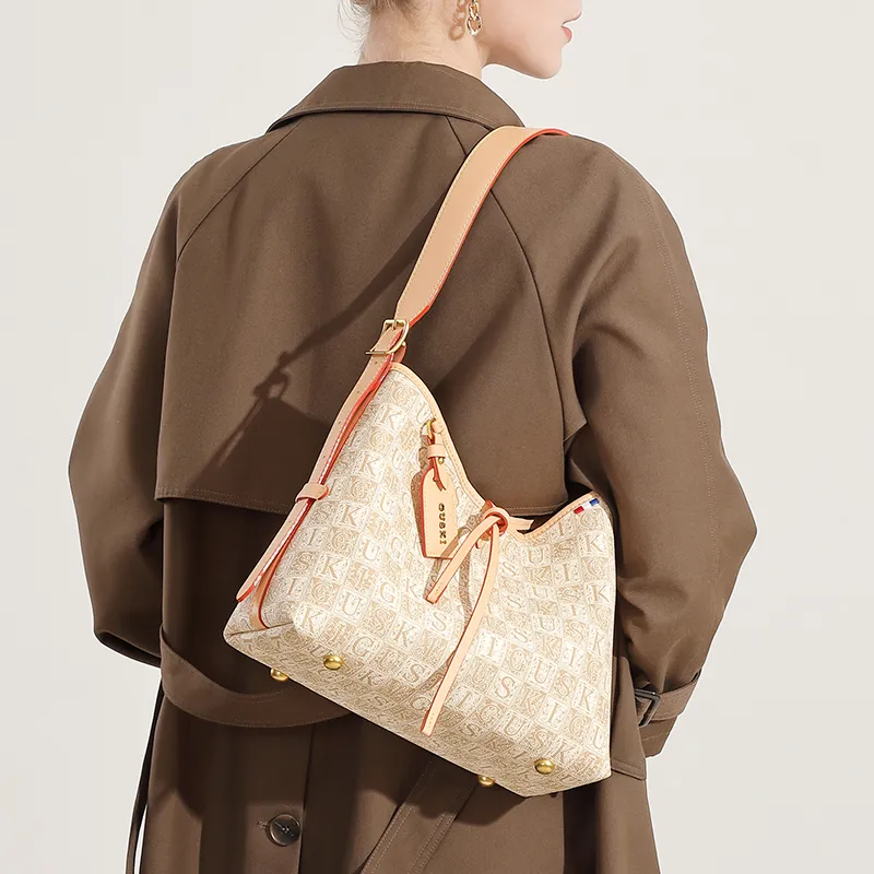 GUSKI Top Grain Cow Leather Tote Handbag, Shoulder Bag Women's Coffee/Beige/Light Green-6