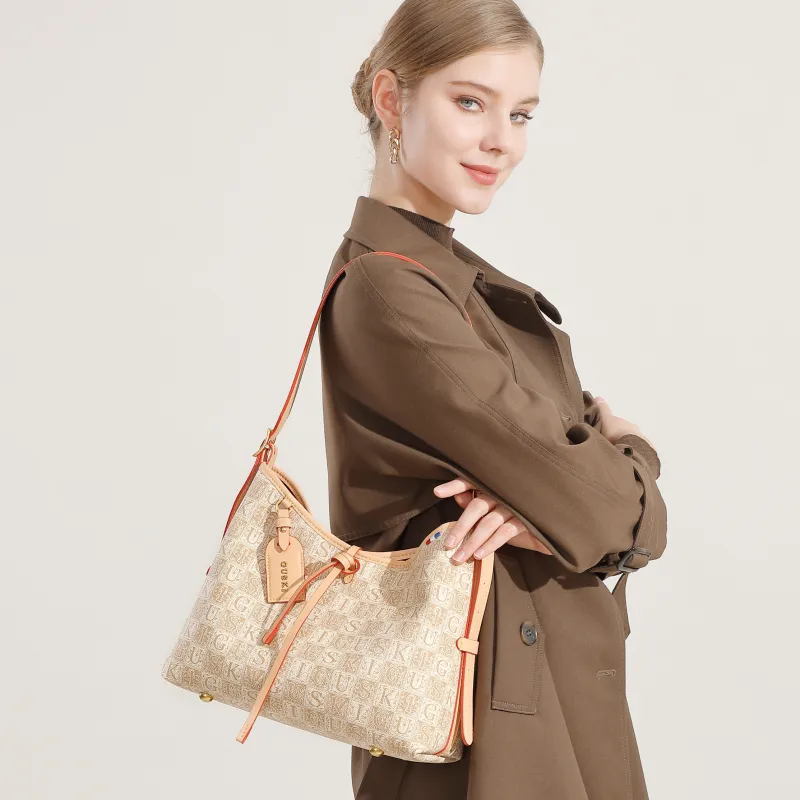 GUSKI Top Grain Cow Leather Tote Handbag, Shoulder Bag Women's Coffee/Beige/Light Green-3