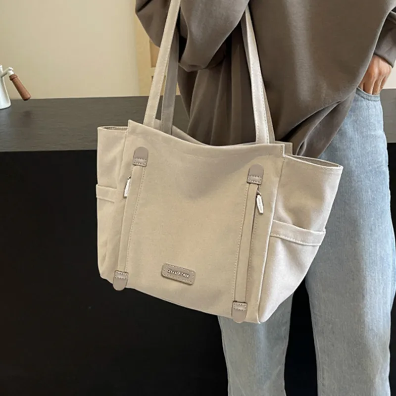 CinvaiKrose Fabric, Synthetic Leather Tote Bag, Shoulder Bag Tubas Women's Beige Apricot/Black-3