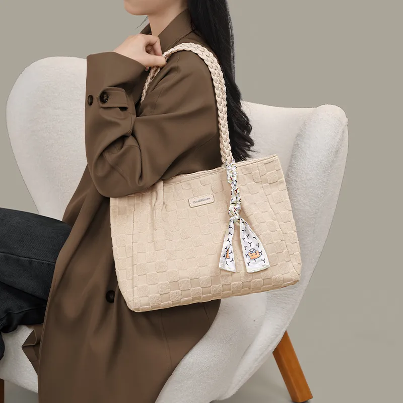 Simvay Clos Fabric With Synthetic Leather Tote Bag Shopping Bag Handbag Shoulder Bag Large Size Women's Beige Apricot-6