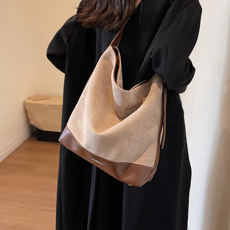 Simvay Clos Fabric With Synthetic Leather Shoulder Bag Crossbody Bag Bucket Bag Large Size Women's Coffee-1