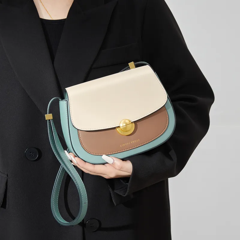 CinvaiKrose Cow Leather With Synthetic Leather Shoulder Bag, Crossbody Bag Small Size Women's Cream Apricot/Green-9