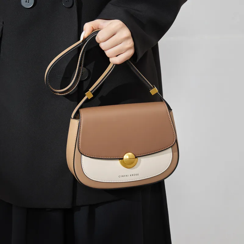 CinvaiKrose Cow Leather With Synthetic Leather Shoulder Bag, Crossbody Bag Small Size Women's Cream Apricot/Green-4