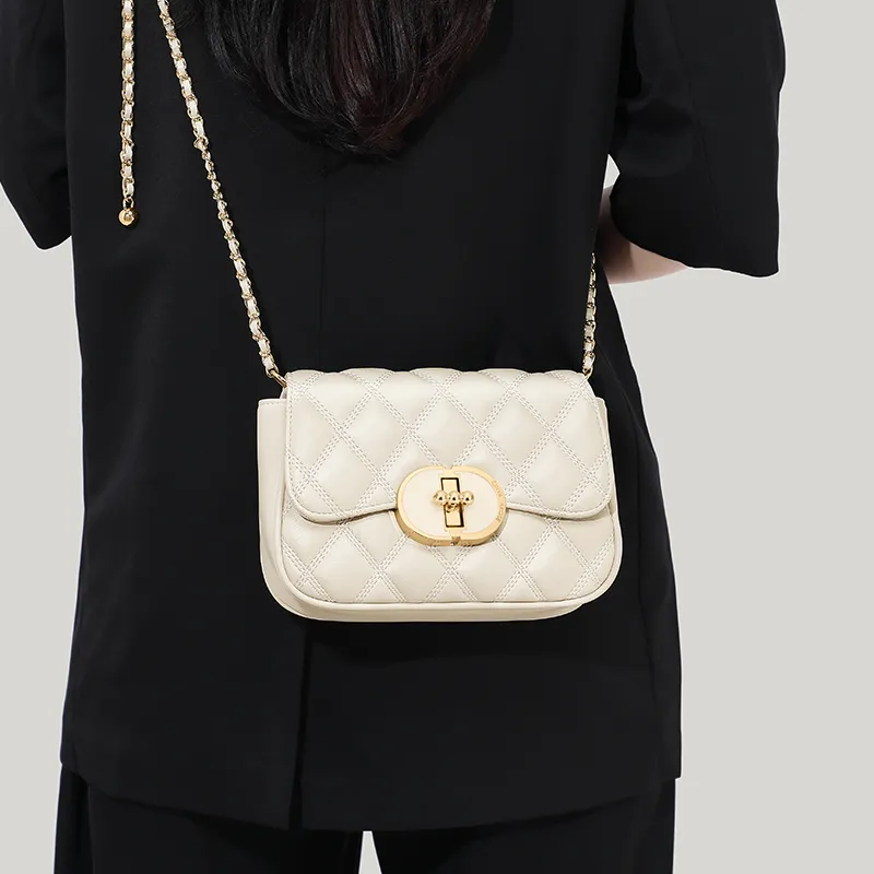 Simvay Clos Cow Leather With Synthetic Leather Chain Shoulder Bag Crossbody Bag Small Size Women's Black/Ecru-10